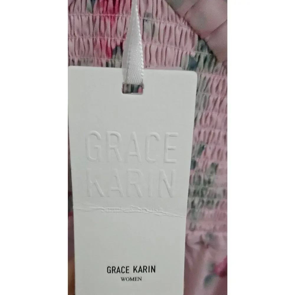 #283 MSRP $53 NWT GRACE KARIN LIGHT PINK FLORAL SMOCKED TIERED MAXI ♡SIZE XL♡